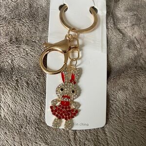 Mint Gold and Red Sparkling Bunny Keychain purse bag charm rhinestones gold nwt